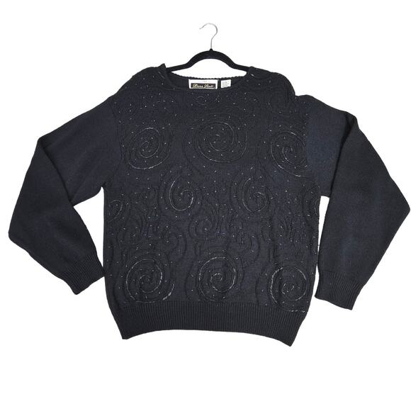 VTG Dana Scott Sweater Womens Large Black Iridescent Beaded Swirl Silk Wool Knit - Picture 1 of 11